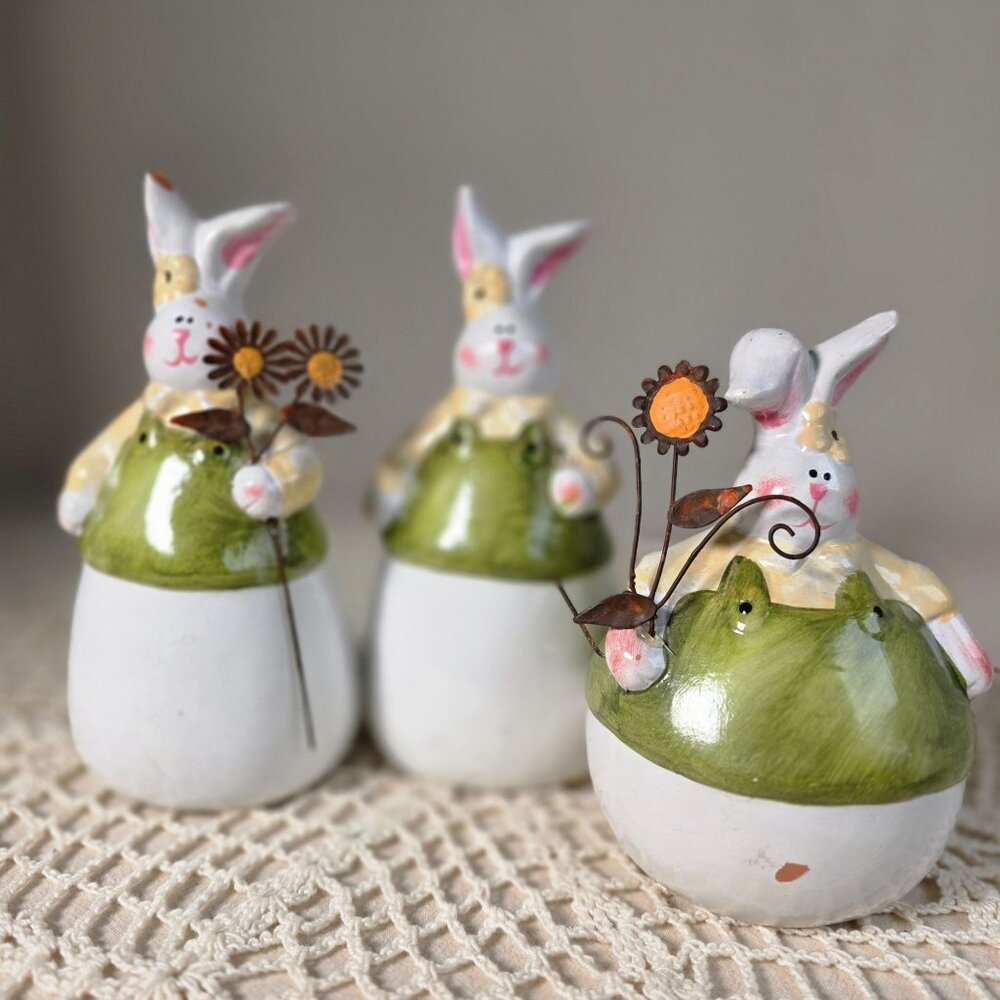 Hand-Painted Ceramic Bunny Figurines With Green Overalls & Sunflower Accents